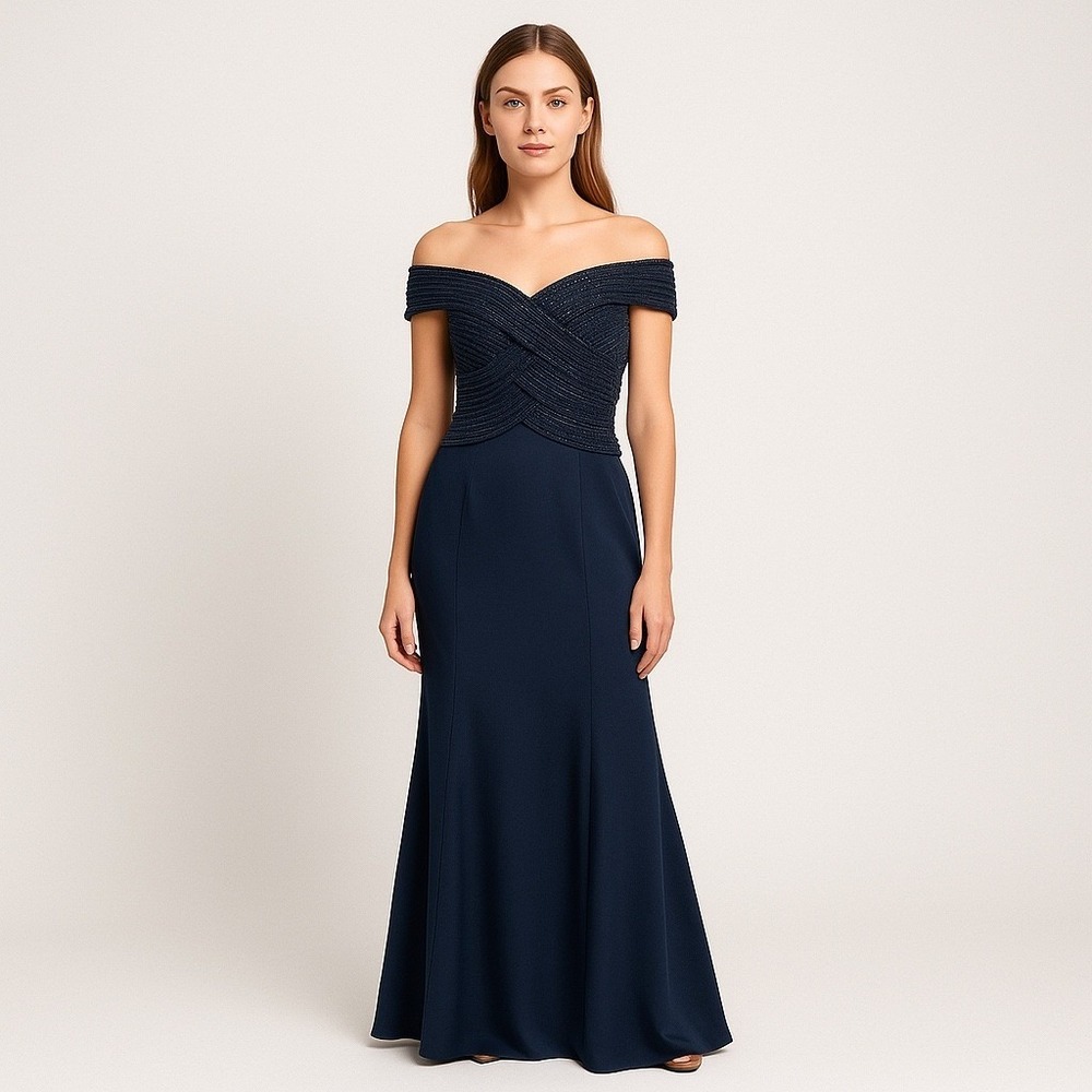 Alexander by Daymor Gown Women's 14 Navy Off-Shoulder Beaded Formal Dress